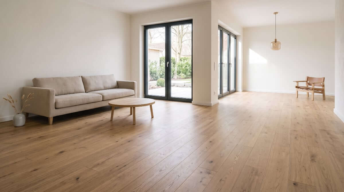 Bodenbeläge in einem hellen Wohnraum mit hochwertiger Holzbodenfläche — Beratung bei Parkett Stelzl in München