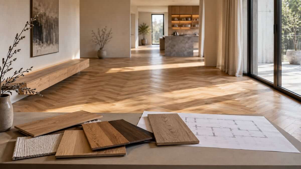 Parkettmuster und Architekturplan für Materialplanung in Innenraumprojekten