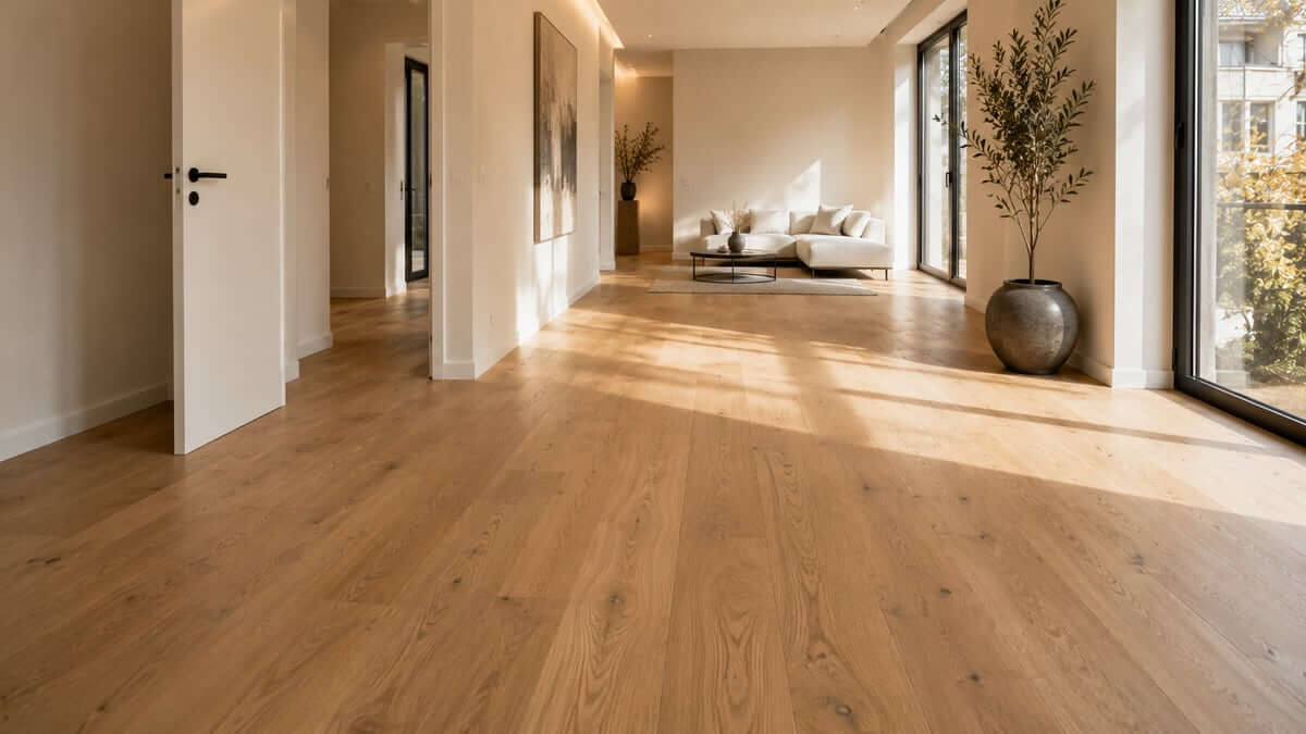 Hochwertig verlegter Parkettboden in modernem Wohnraum für Architekturprojekte