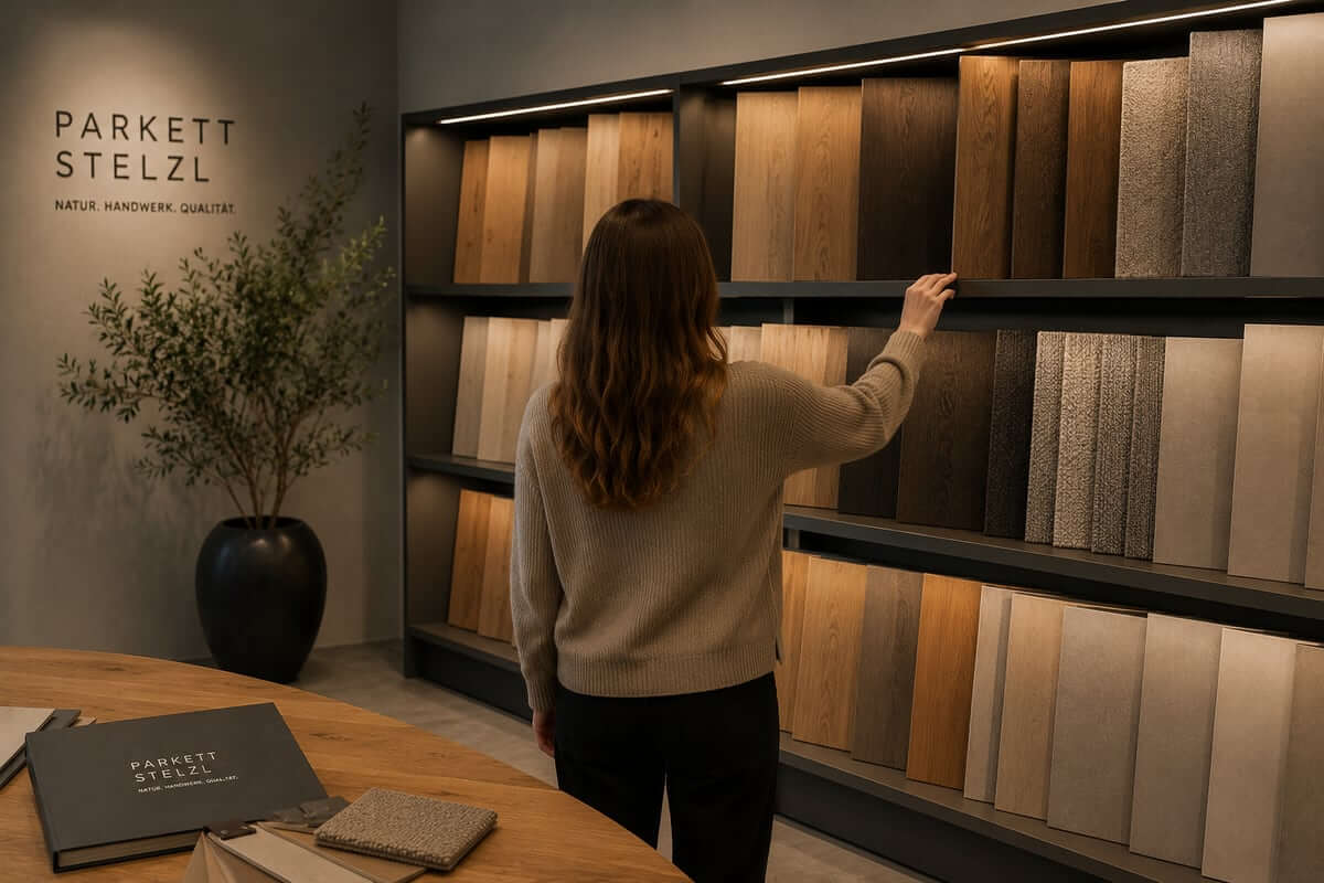 Sample wall with floor coverings for material consultation in the Parkett Stelzl showroom