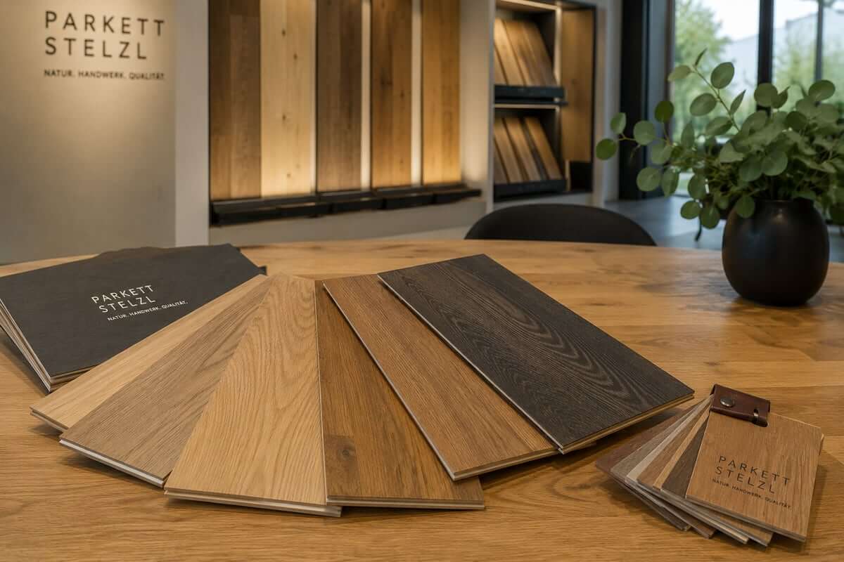 Wood and parquet flooring samples in the Parkett Stelzl showroom