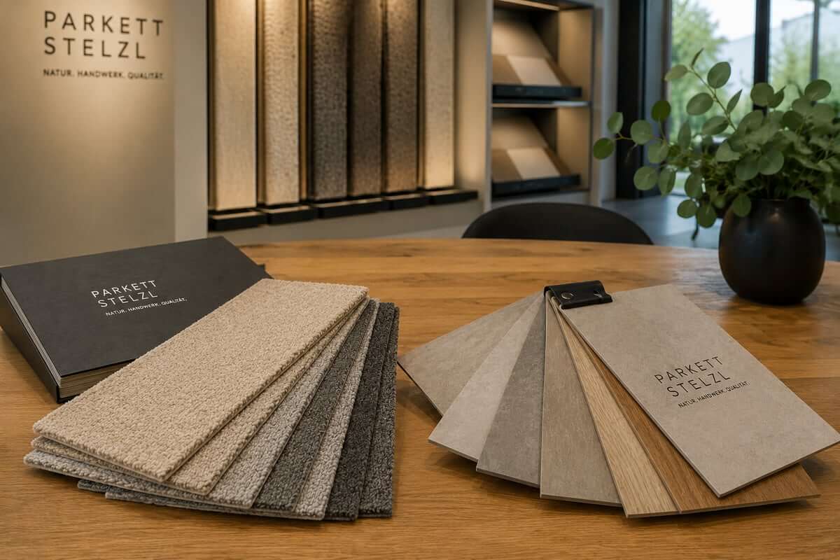 Carpet, vinyl and design flooring samples in the Munich-Forstenried showroom