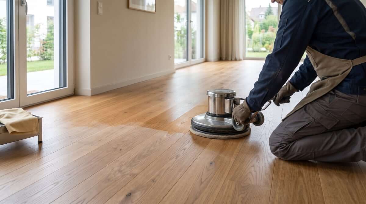 Professional deep cleaning of a wooden floor with a buffing machine — when deep cleaning can make sense