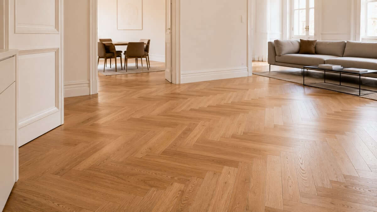 Oak herringbone parquet in a living space