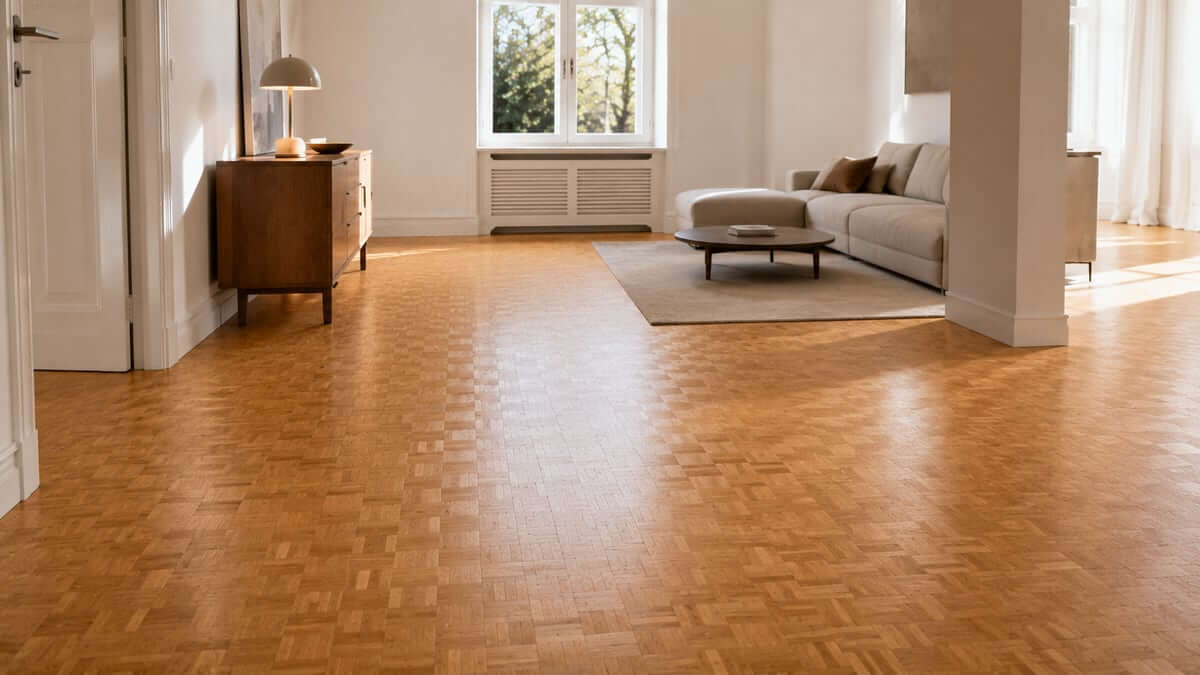 Mosaikparkett als Beispiel für renoviertes Parkett mit neuer Oberfläche und Ausstrahlung