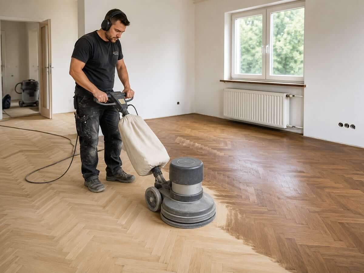 Fischgrätparkett beim Schleifen als Beispiel für Parkett schleifen und Aufarbeiten