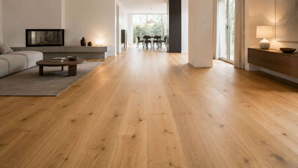 Living space with wide plank flooring, calm lines and natural wood character