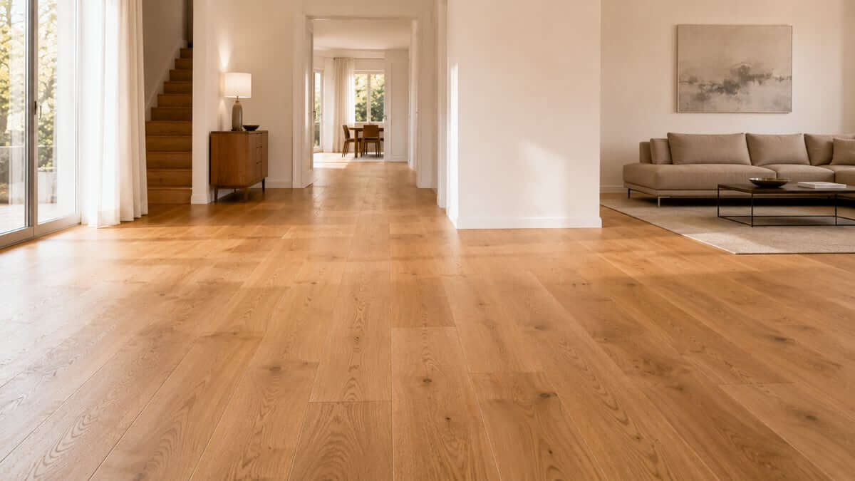 Oak wide plank flooring in a spacious, bright living space