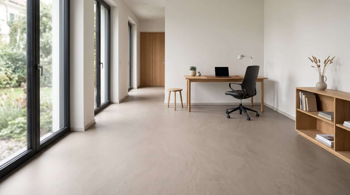 Linoleum flooring in a bright home office with calm, seamless floor surface