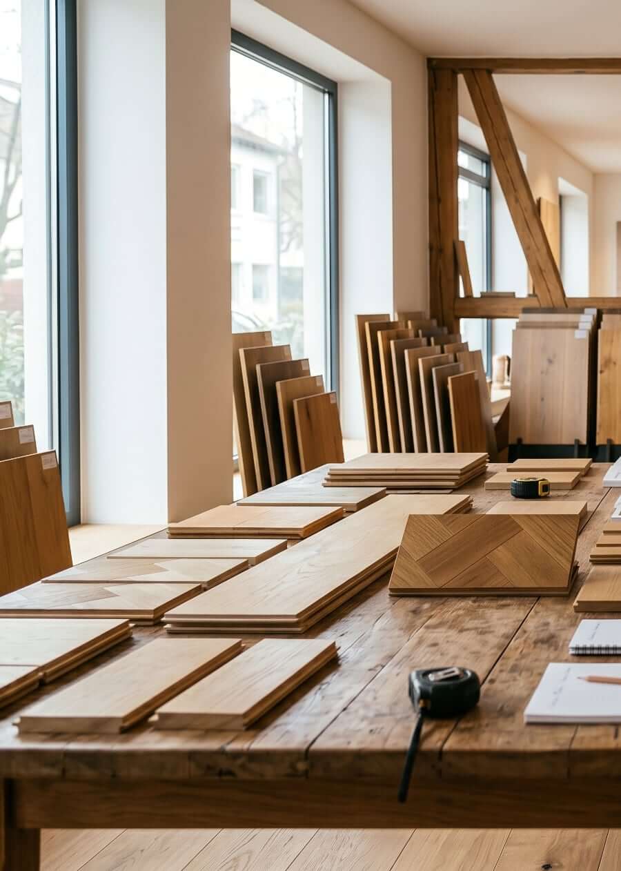 Parkettmuster und Bodenbeläge in der Ausstellung von Parkett Stelzl in München-Forstenried