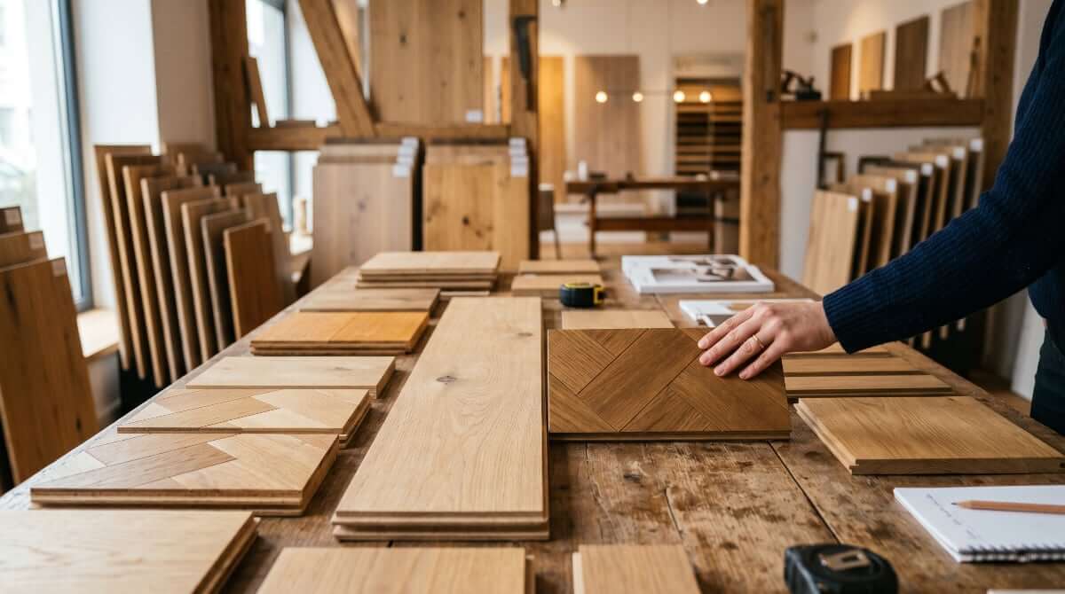 Parquet and flooring samples for consultation in the Parkett Stelzl showroom in Munich-Forstenried