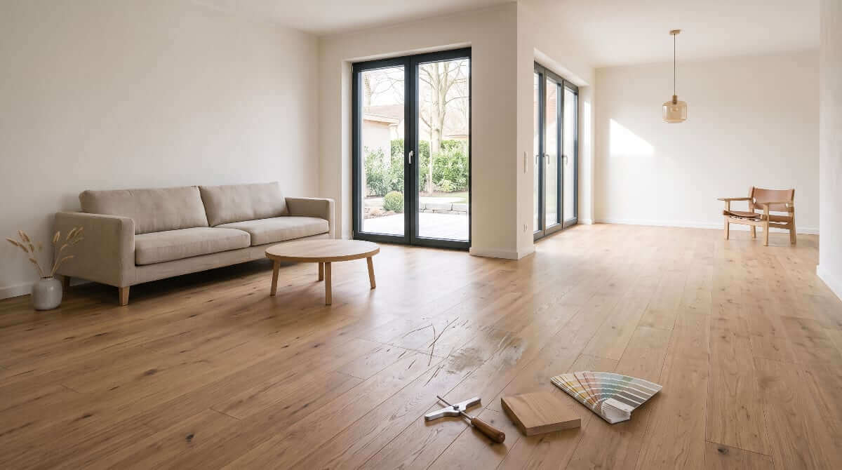 Parquet repair in Munich – damaged parquet spot with repair tools in a bright living room