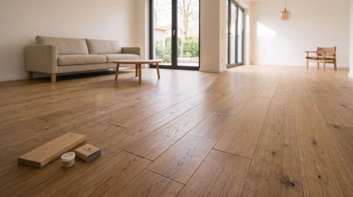 Well-maintained parquet floor with care products and sample plank – repair and ongoing floor care services