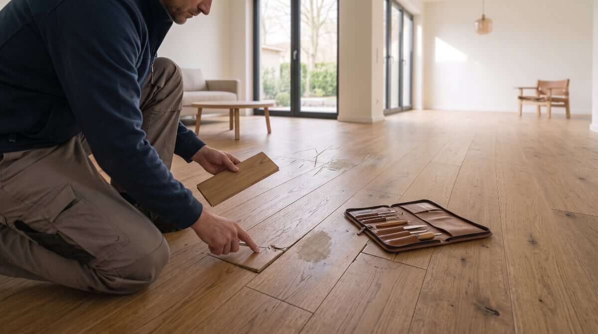 Parquet repair, sanding or replacement – craftsman inspecting a damaged plank and repair tools