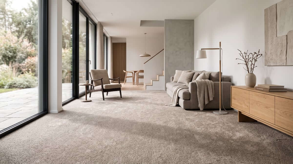Carpet flooring in a bright living room with soft, textured wall-to-wall carpet