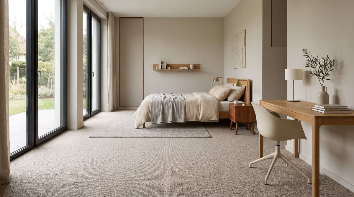 Carpet flooring in a calm bedroom and workspace with soft, neutral wall-to-wall carpet