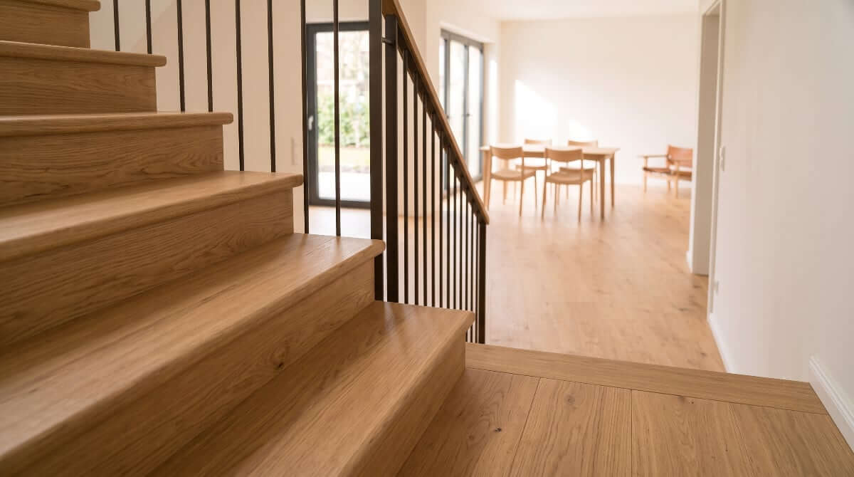 Renovierte Holztreppe mit Eichenstufen und schwarzem Metallgeländer in einem hellen Wohnhaus — Treppenrenovierung in München durch Parkett Stelzl