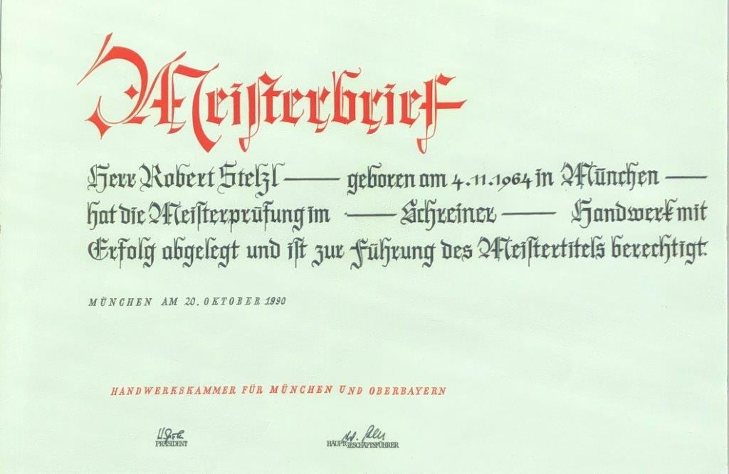 Historischer Meisterbrief von Parkett Stelzl