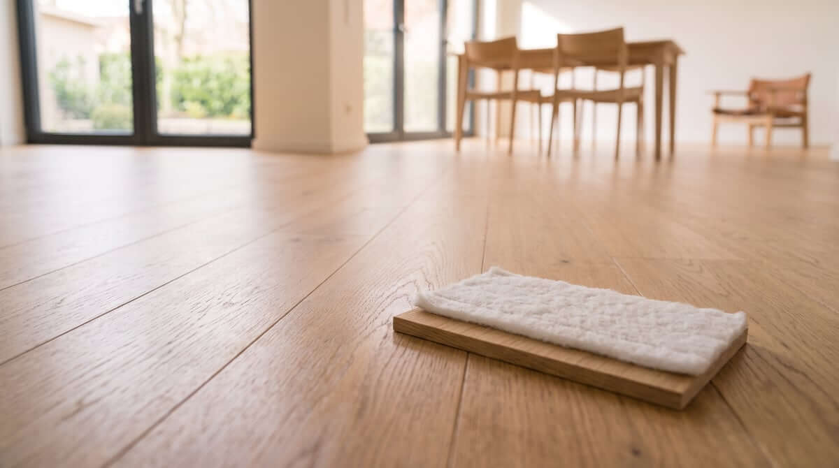 Freshly treated oak parquet after sanding — surface finish in a bright living room